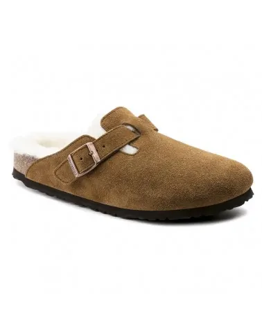 Birkenstock Παντόφλα Boston Shearling Suede Leather (Narrow), Καφέ