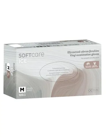 Soft Care Γάντια Βινυλίου Ice χωρίς Πούδρα Λευκά, 100 τεμάχια